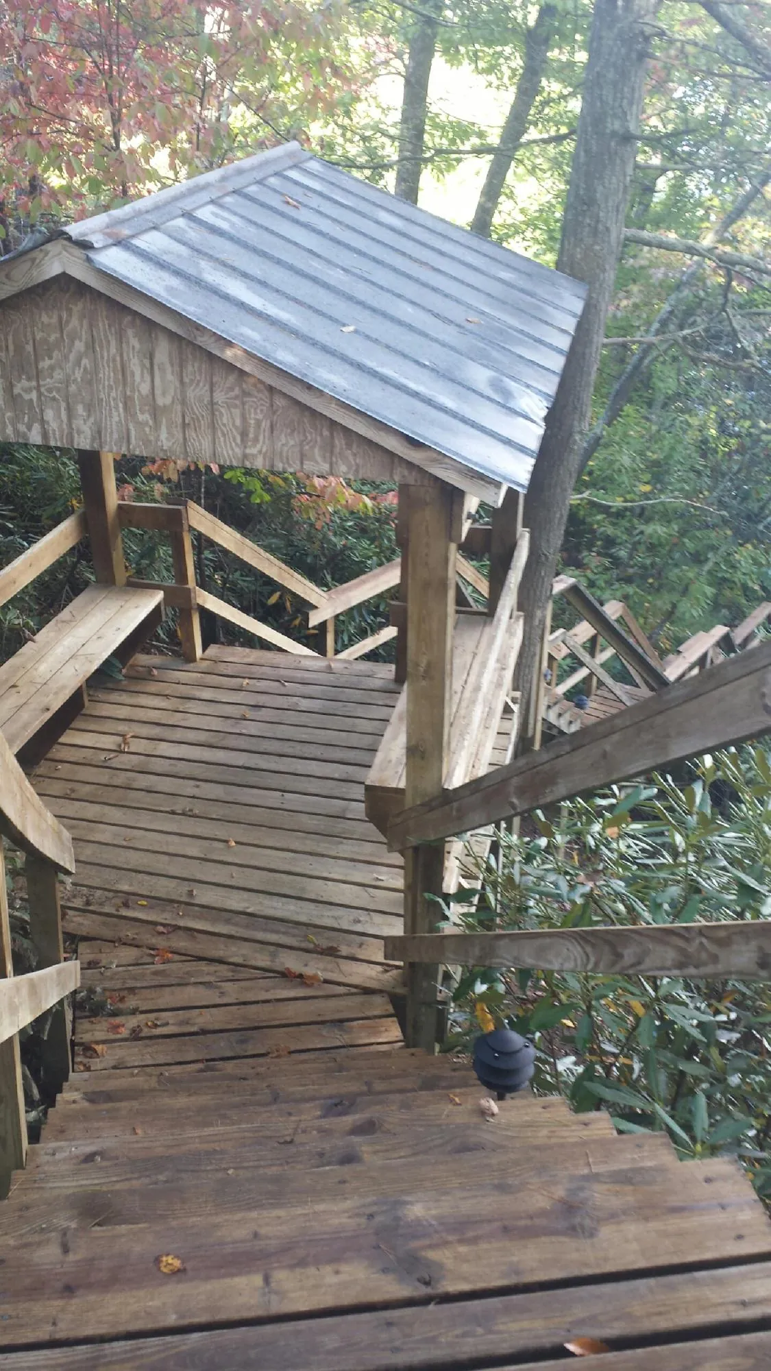 Metal roofed shelter over wooden steps on a wooded walkway — Skylight Repair & Installation work by our crew in Stuarts Draft